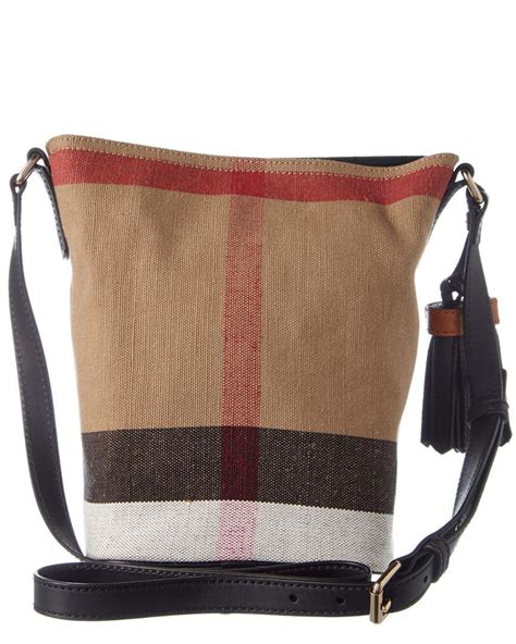 burberry small canvas check and leather bucket bag|burberry checked canvas tote bag.